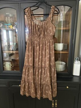 Brown Floral Tiered Midi Dress with Ruffle Straps